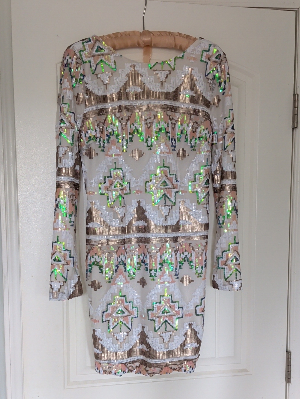 Xtaren White Sequin Long-Sleeve Backless Dress with Gold, Pink and Green Accents